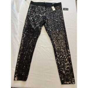 NWT-Express High Rise Black Sequin pull-on Stretchy Leggings Party sz L $88